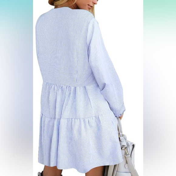 Blue Stripe, V-Neck, Ruffle Tier Dress - Picture 4 of 6
